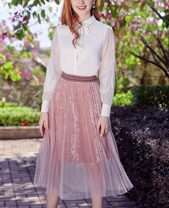 Elastic Collect Waist Mesh Velvet Pleated Long Tulle Skirts
