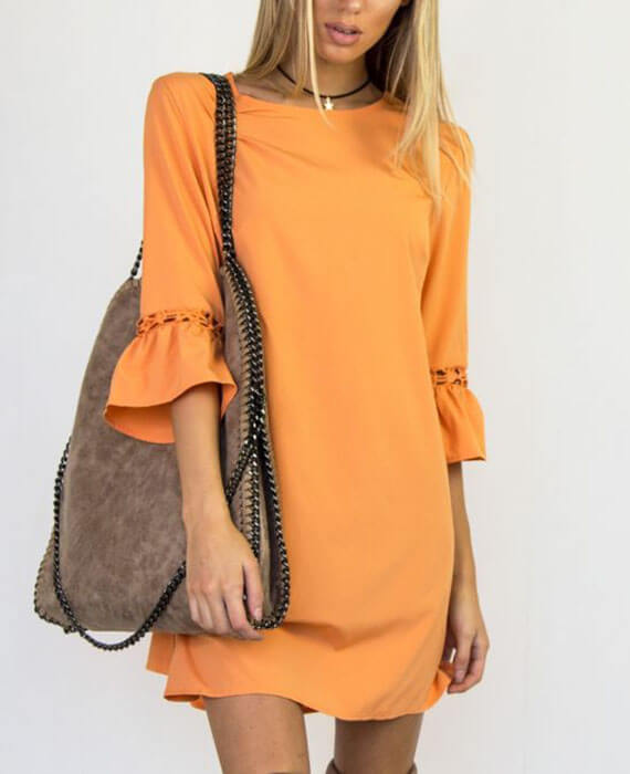 Candy Color O-Neck Three Quarter Sleeve Mini Dresses