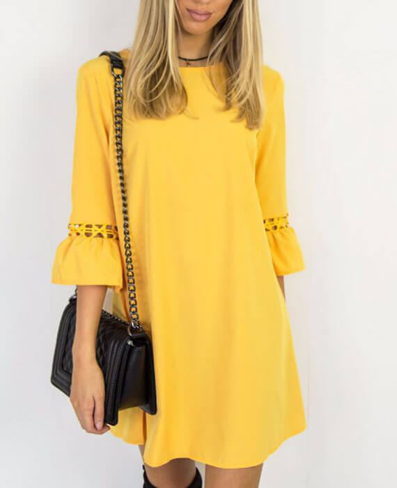 Candy Color O-Neck Three Quarter Sleeve Mini Dresses