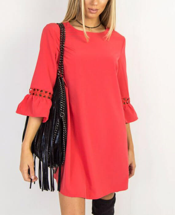Candy Color O-Neck Three Quarter Sleeve Mini Dresses