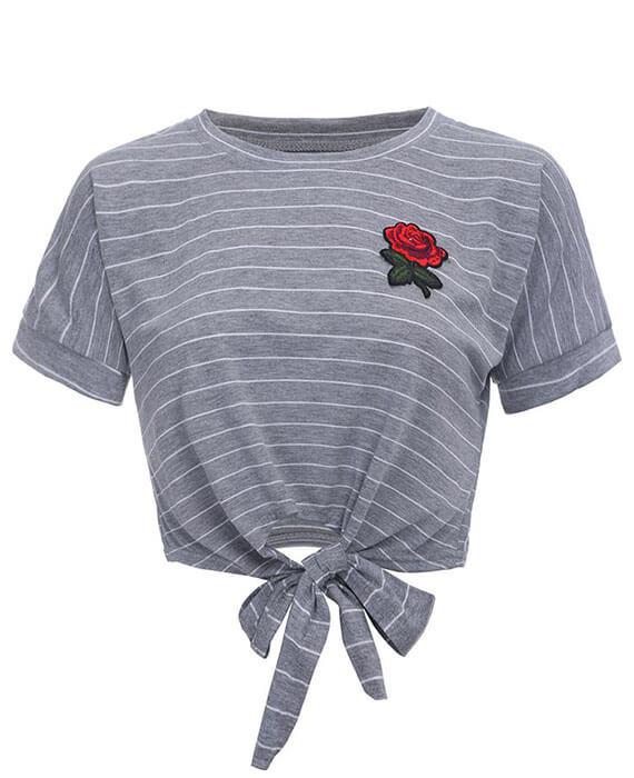 Bow Crop Top Short Sleeve Stripe Tops
