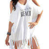 Hollow Out Shoulder Tassel Letters Print Beach Cover T-shirts
