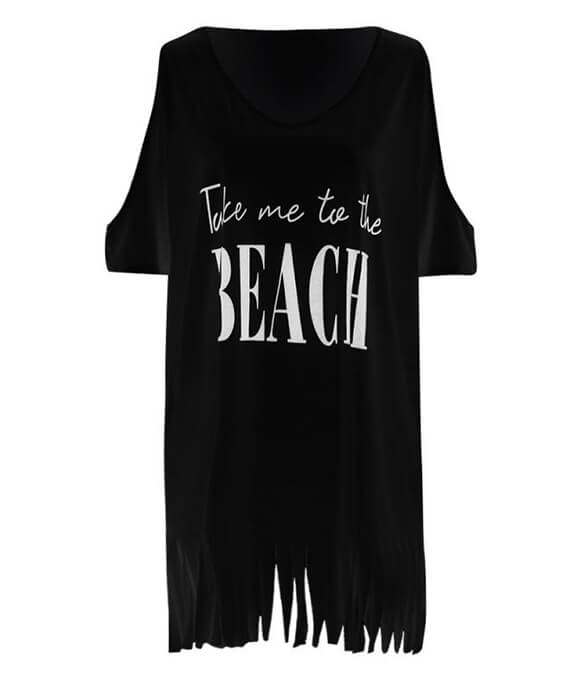 Hollow Out Shoulder Tassel Letters Print Beach Cover T-shirts