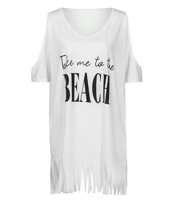 Hollow Out Shoulder Tassel Letters Print Beach Cover T-shirts