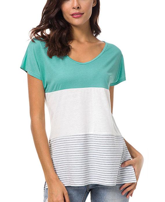 O-Neck Stitching Striped Short Sleeve T-Shirt