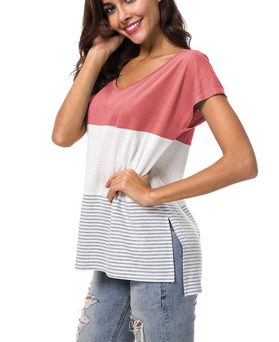 O-Neck Stitching Striped Short Sleeve T-Shirt