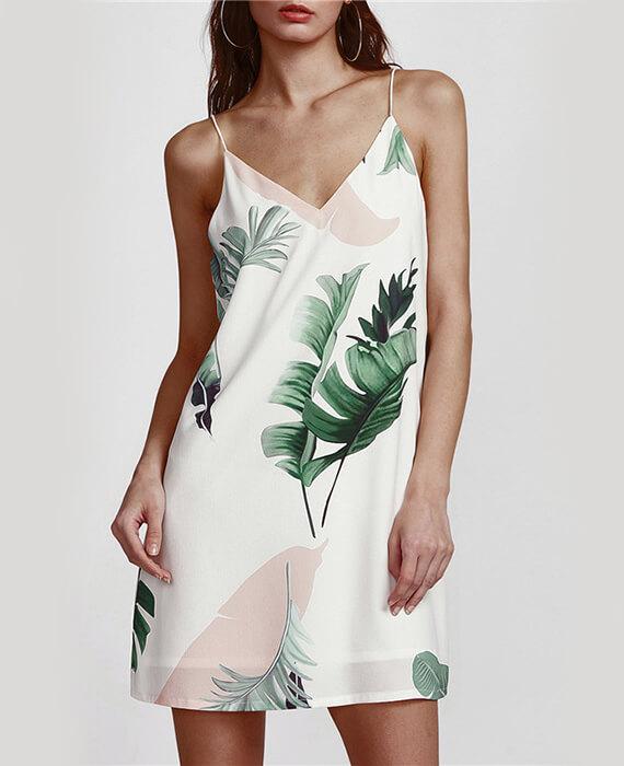 Palm Leaf Print Double V Neck Cami Dress