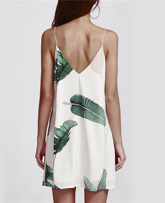 Palm Leaf Print Double V Neck Cami Dress