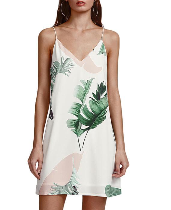 Palm Leaf Print Double V Neck Cami Dress