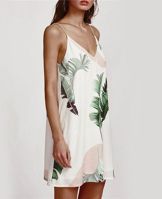 Palm Leaf Print Double V Neck Cami Dress