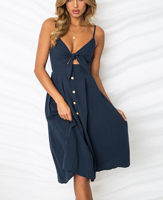 Deep V-Neck Buttons womens midi dress