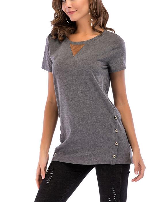 Casual Basic Round Neck Double Buttons T-shirts