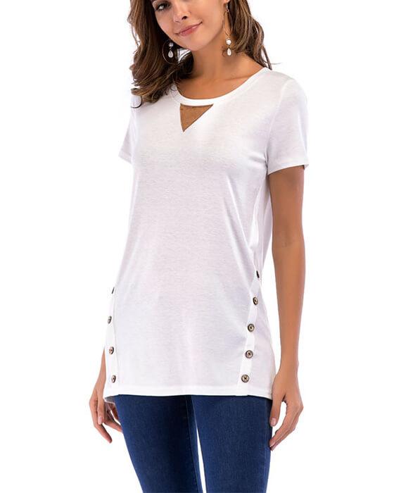 Casual Basic Round Neck Double Buttons T-shirts