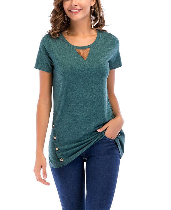 Casual Basic Round Neck Double Buttons T-shirts