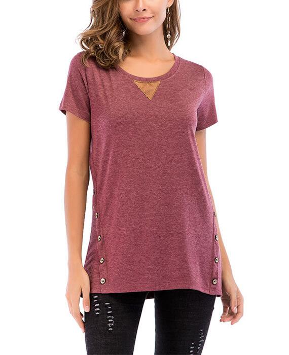 Casual Basic Round Neck Double Buttons T-shirts