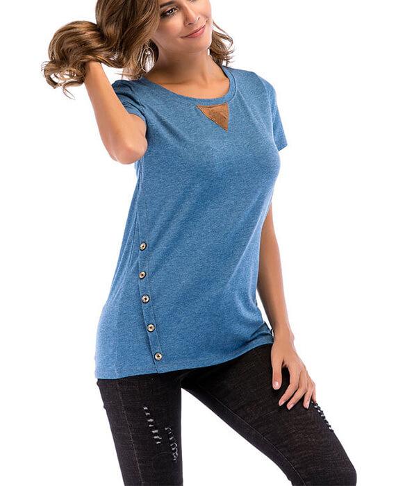 Casual Basic Round Neck Double Buttons T-shirts
