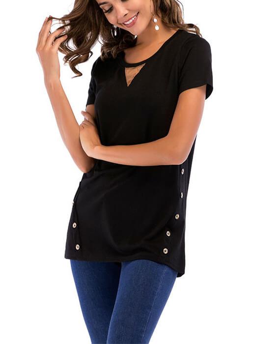 Casual Basic Round Neck Double Buttons T-shirts