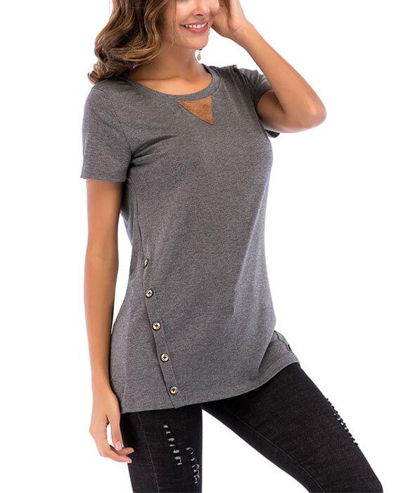 Casual Basic Round Neck Double Buttons T-shirts