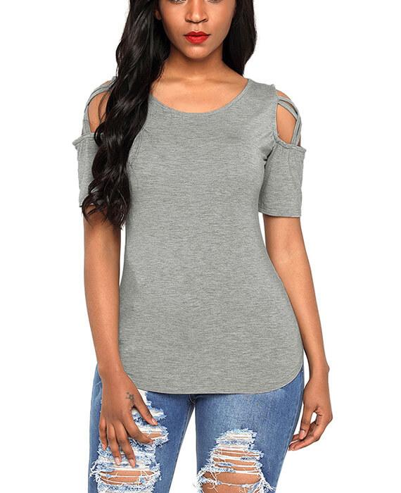 Casual Crisscross Cold Shoulder Basic T-Shirt