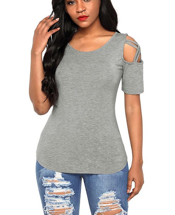 Casual Crisscross Cold Shoulder Basic T-Shirt