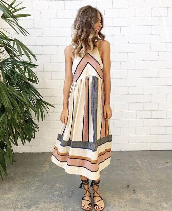 Stripe Print Boho Beach Maxi Dresses