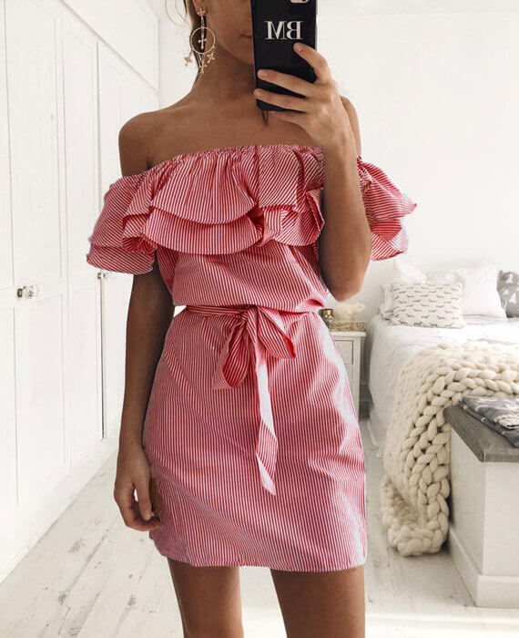 Off the Shoulder Blue Striped Dress
