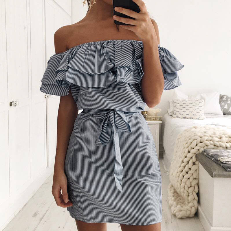 Off the Shoulder Blue Striped Dress