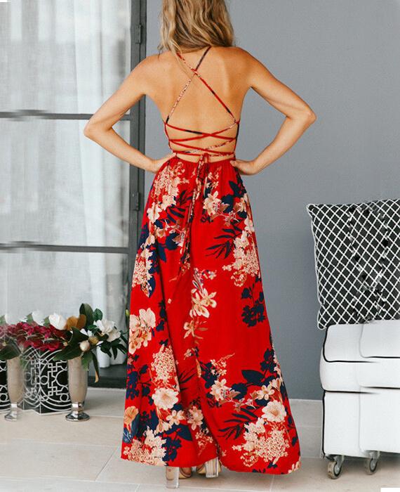 Red Floral Print Lace Up V-Neck Maxi Dresses