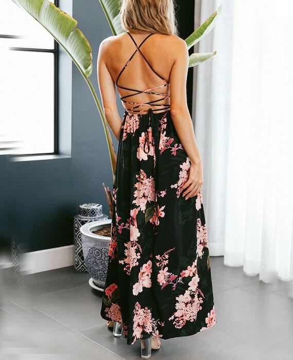 Red Floral Print Lace Up V-Neck Maxi Dresses