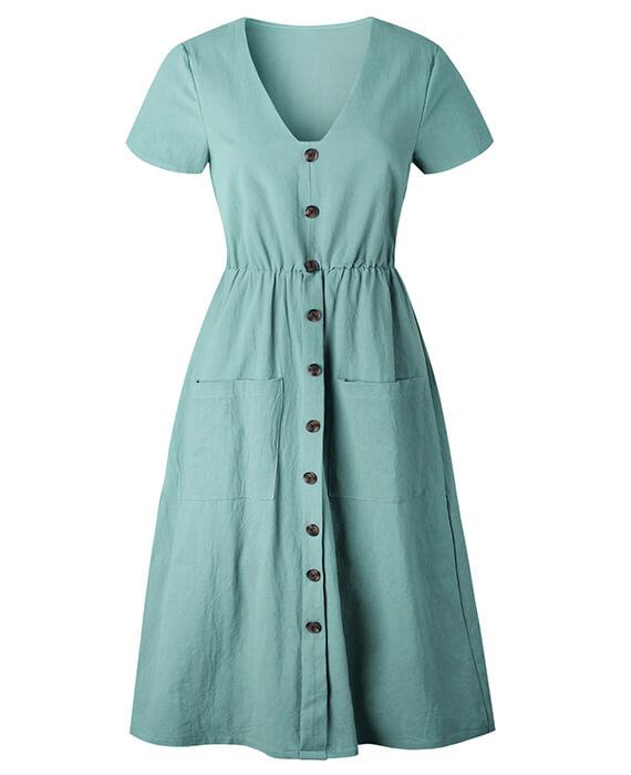 Tunic V-Neck Short Sleeve Cotton Midi Dresses