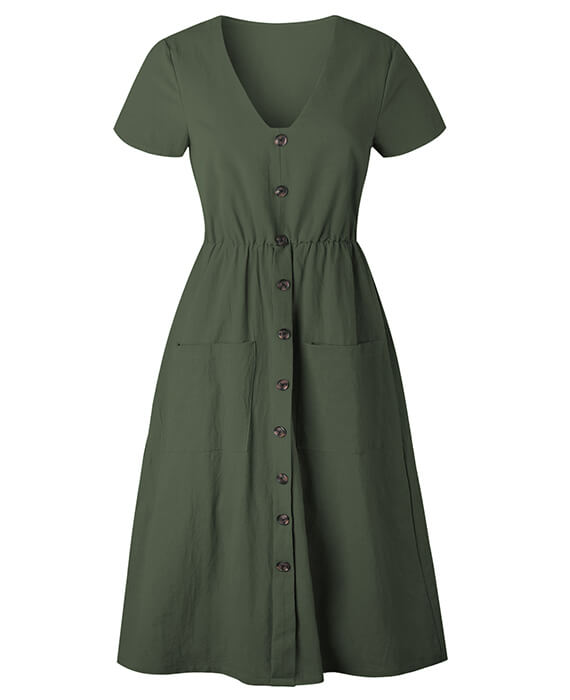Tunic V-Neck Short Sleeve Cotton Midi Dresses