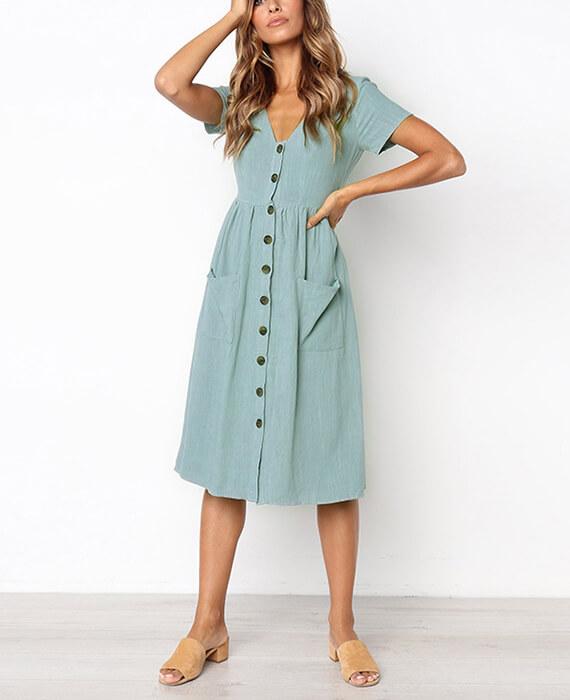 Tunic V-Neck Short Sleeve Cotton Midi Dresses