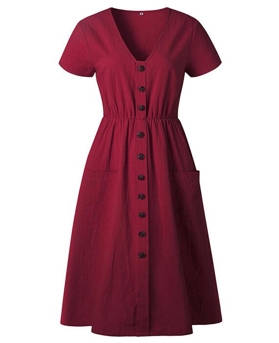 Tunic V-Neck Short Sleeve Cotton Midi Dresses