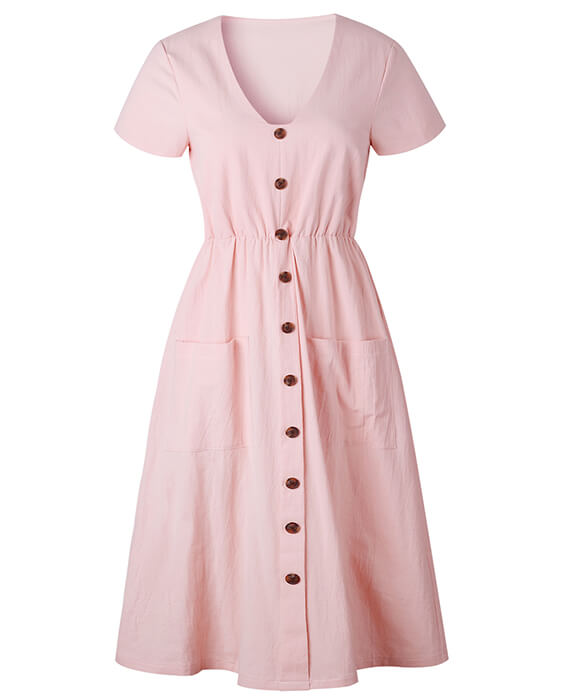 Tunic V-Neck Short Sleeve Cotton Midi Dresses