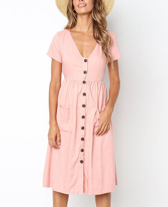Tunic V-Neck Short Sleeve Cotton Midi Dresses