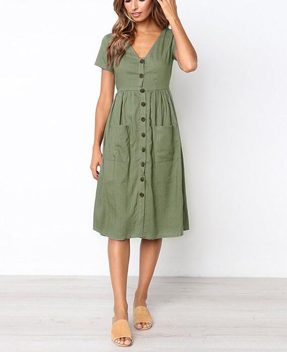 Tunic V-Neck Short Sleeve Cotton Midi Dresses