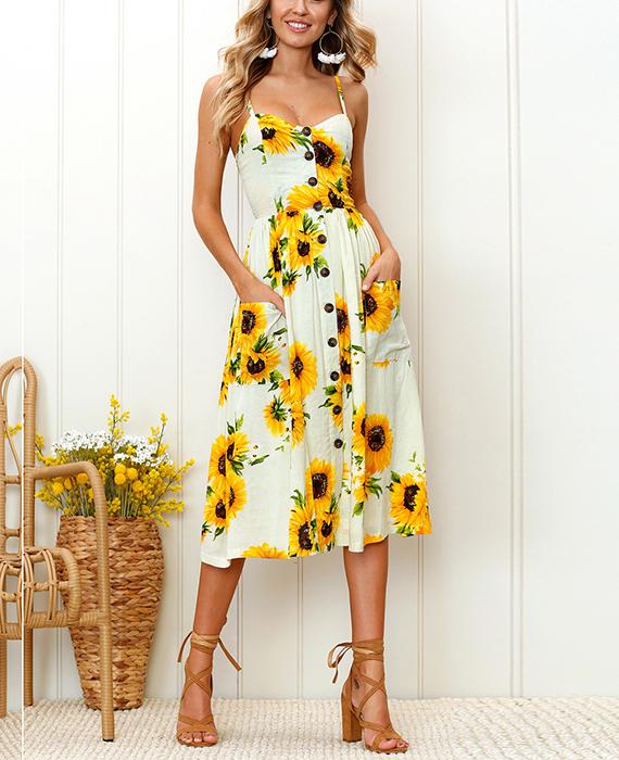 Sunflower Pineapple Floral Buttons Sleeveless Dress