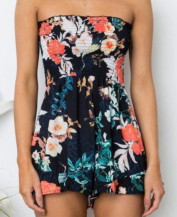 Boho Off the Shoulder Jumpsuits Floral Shorts Jumpsuit
