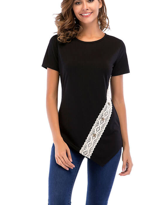 Irregular Hem Lace Button T-shirts