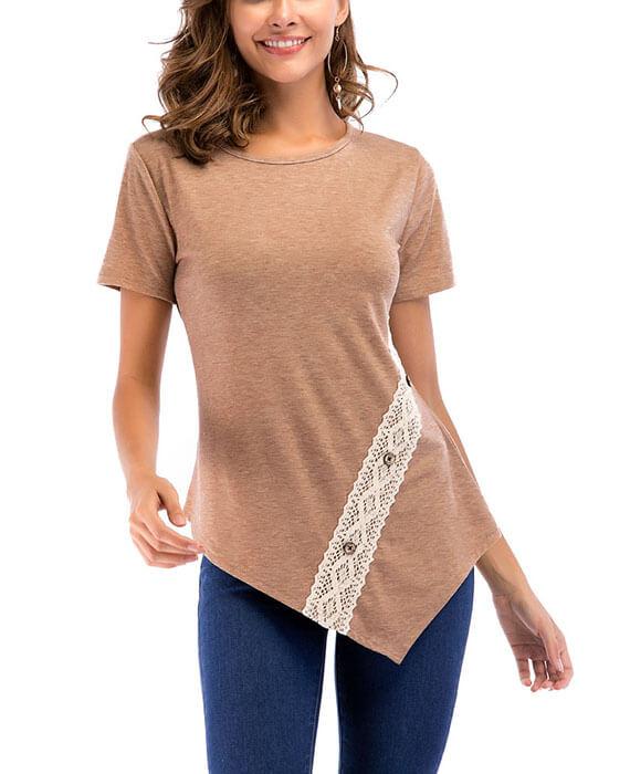 Irregular Hem Lace Button T-shirts