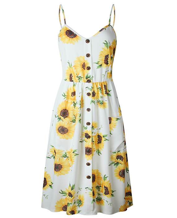 Sunflower Pineapple Floral Buttons Sleeveless Dress