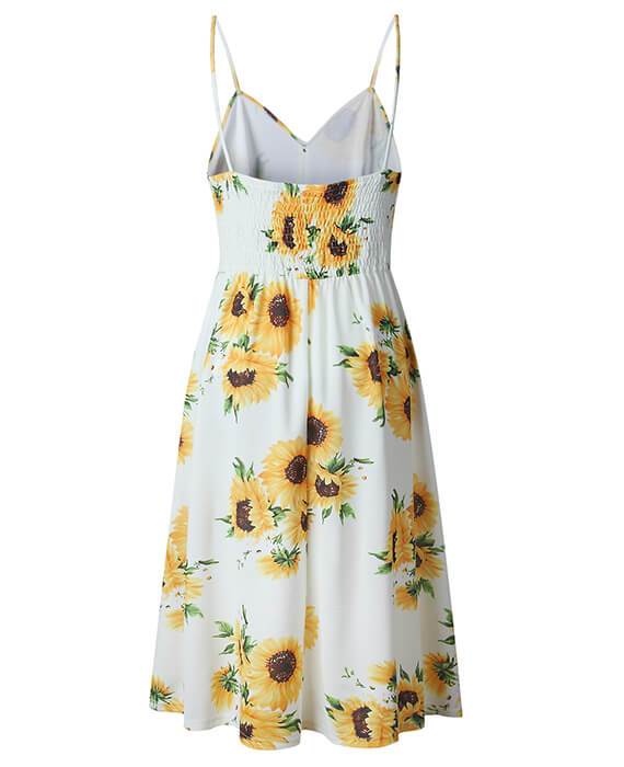 Sunflower Pineapple Floral Buttons Sleeveless Dress