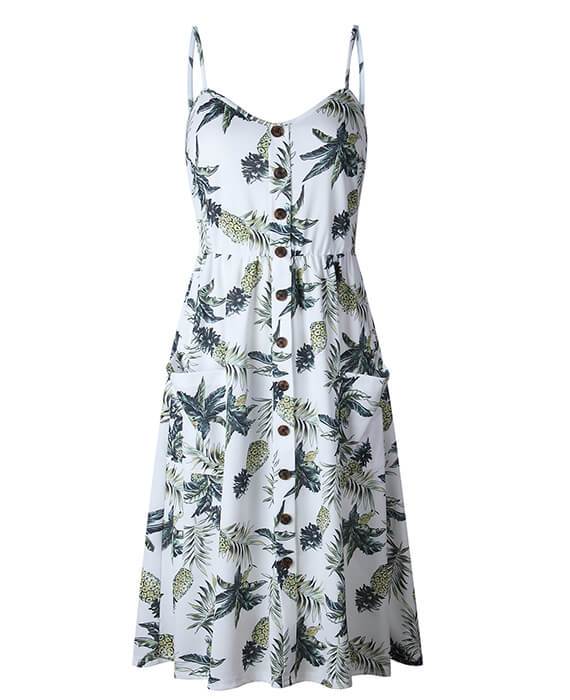 Sunflower Pineapple Floral Buttons Sleeveless Dress