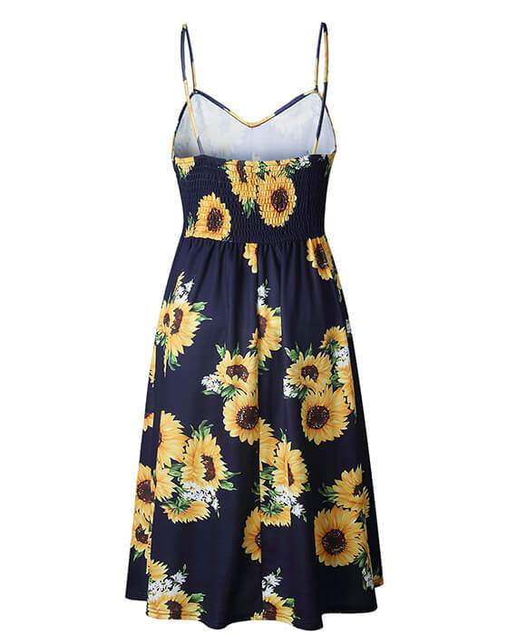 Sunflower Pineapple Floral Buttons Sleeveless Dress