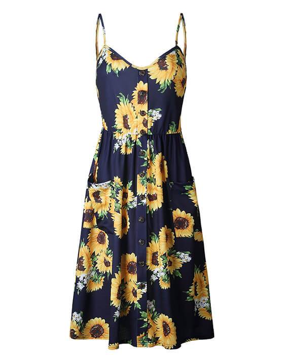 Sunflower Pineapple Floral Buttons Sleeveless Dress