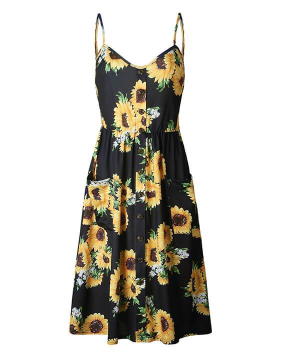 Sunflower Pineapple Floral Buttons Sleeveless Dress