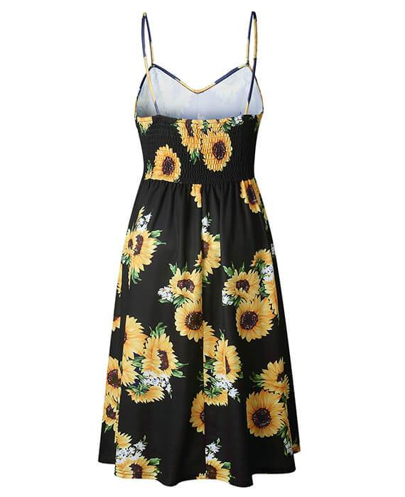Sunflower Pineapple Floral Buttons Sleeveless Dress