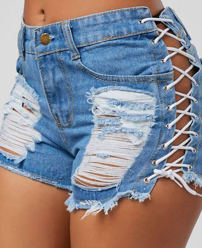 Bandage Lace Up Ripped Denim Shorts