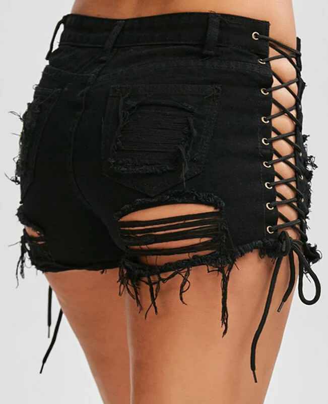 Bandage Lace Up Ripped Denim Shorts