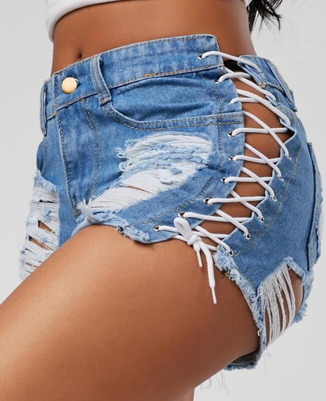 Bandage Lace Up Ripped Denim Shorts